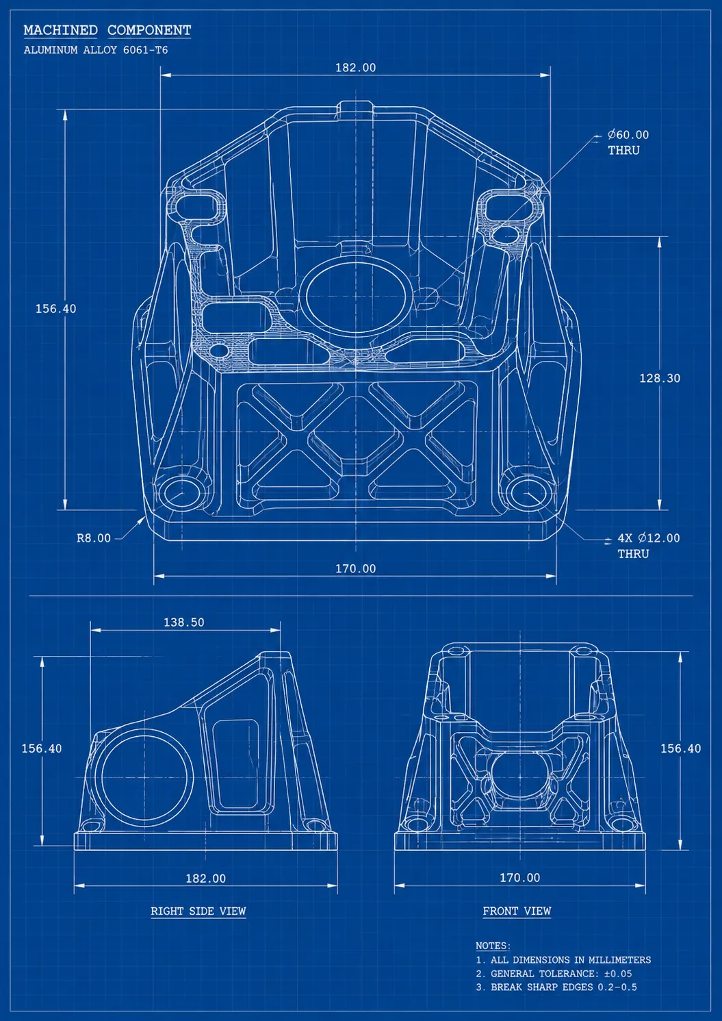 Engineering blueprint with detailed dimensions for precision machined aluminum component