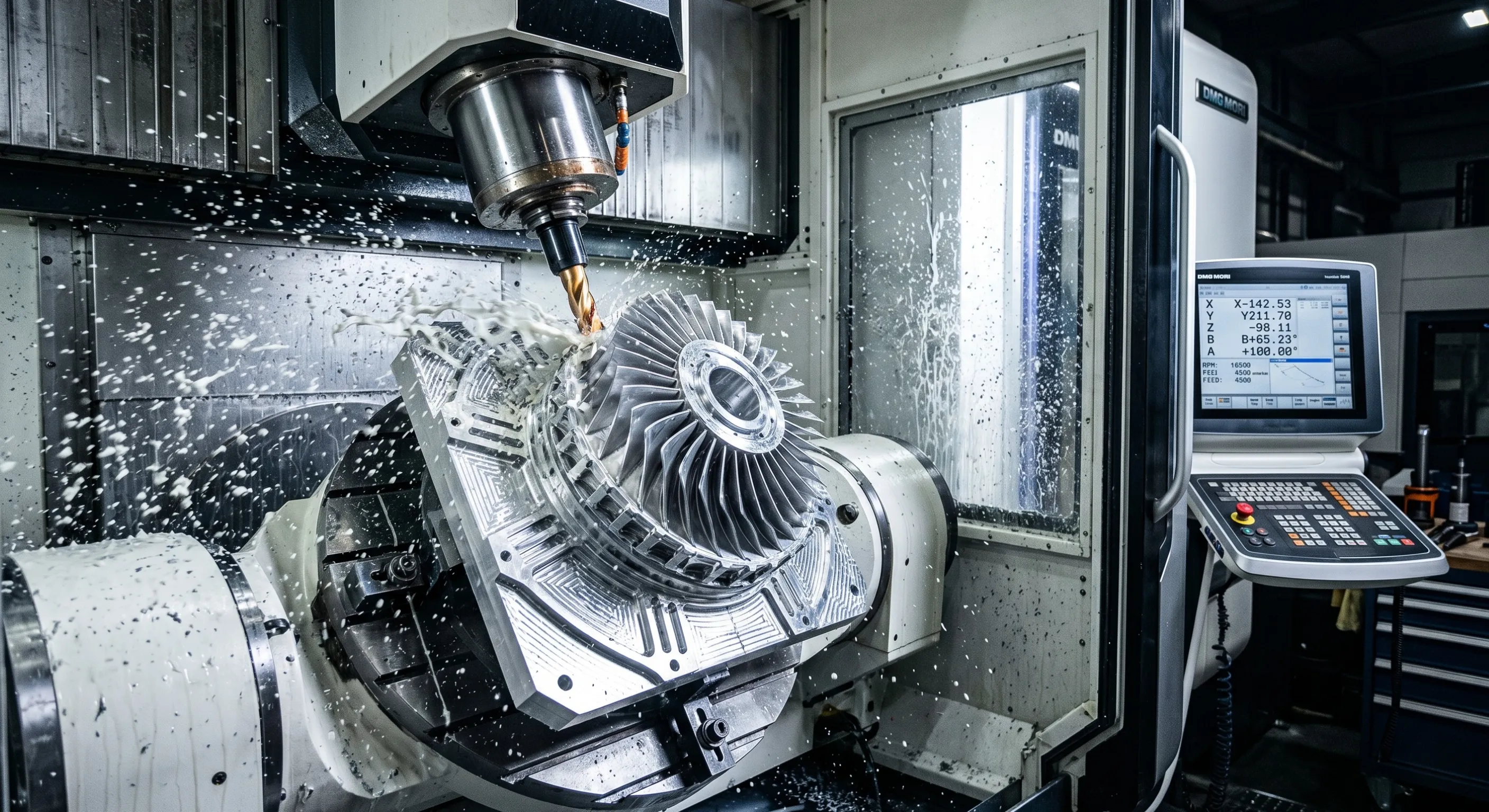 5-axis CNC machining turbine impeller on DMG MORI machine with coolant spray during precision manufacturing