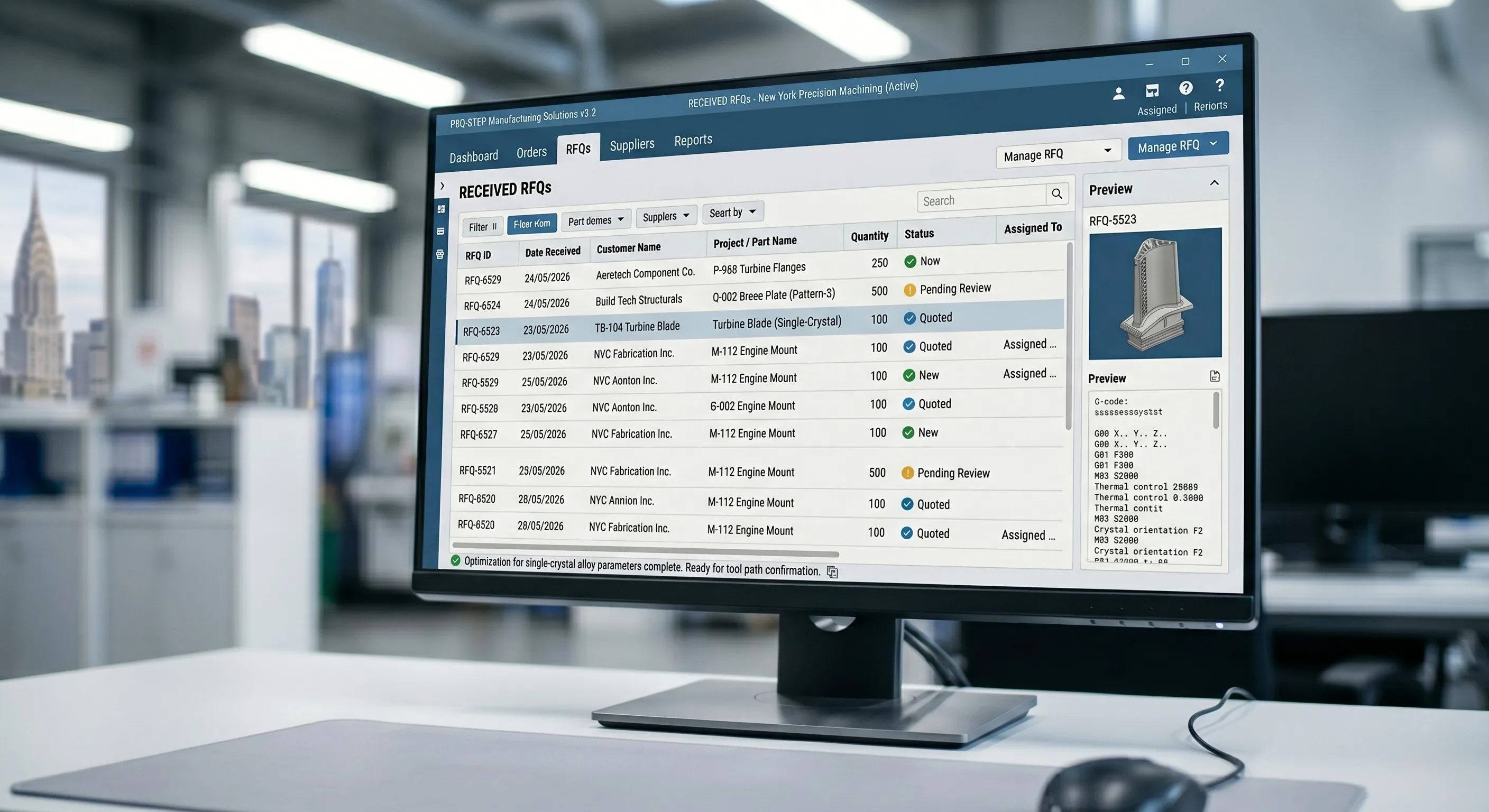 RFQ management dashboard showing received manufacturing quote requests with status tracking